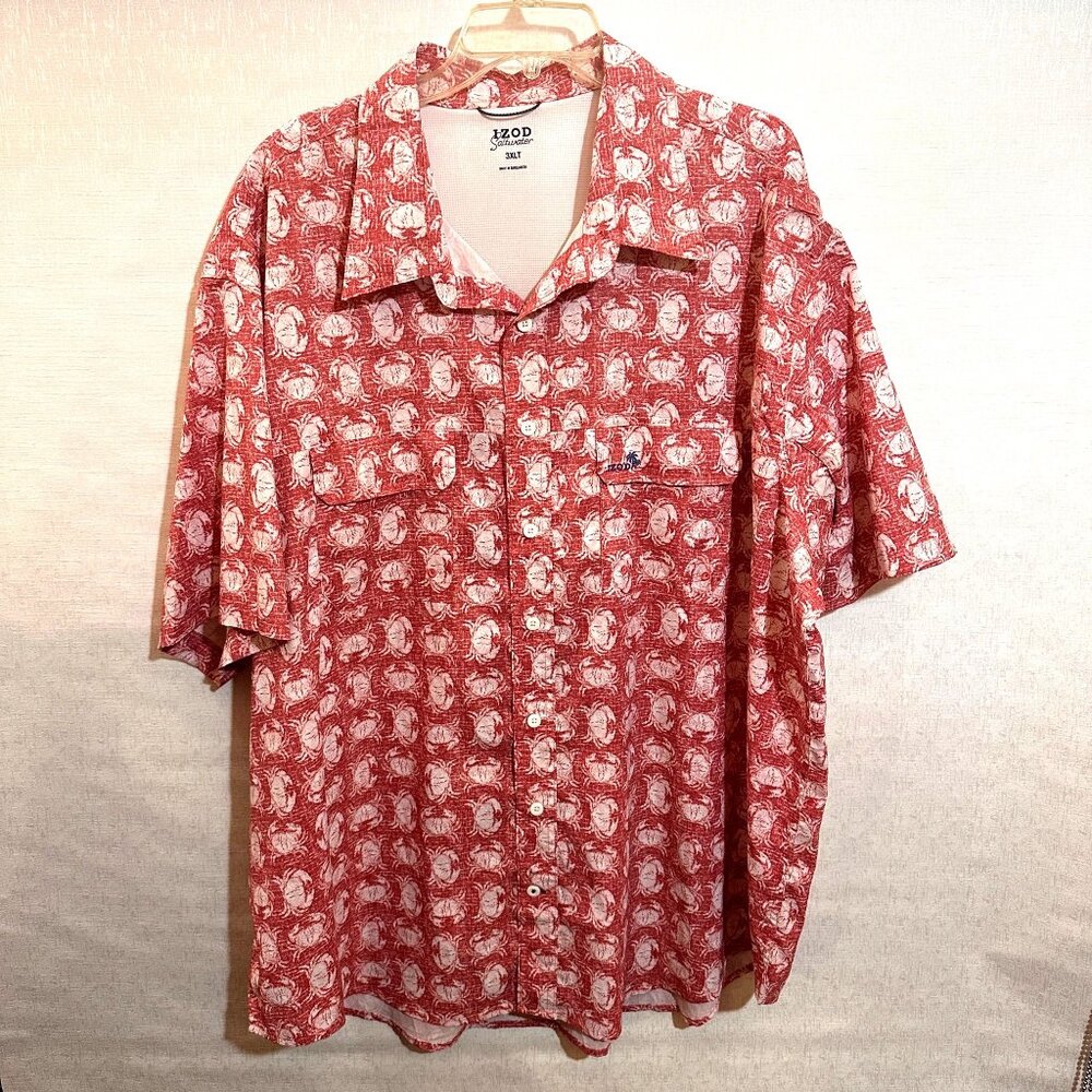 Izod Saltwater  3XLT Red White fishing Short Sleeve Button-Up Shirt Cotton Blend